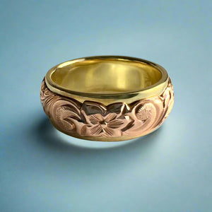 Two-Tone Scalloped Top Old English & Hibiscus 8mm Ring in 14K Green & Pink Gold