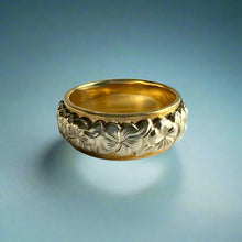 Load image into Gallery viewer, Two-Tone Scalloped Top Plumeria with Leaves All Around 8mm Ring in 14K Green &amp; White Gold
