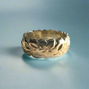 Two-Tone Scalloped Shiny Maile & Hibiscus 8.5 mm Ring in 14K White & Yellow Gold