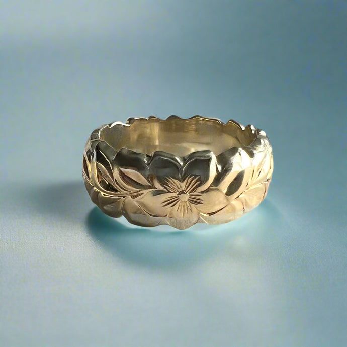 Two-Tone Scalloped Shiny Maile & Hibiscus 8.5 mm Ring in 14K White & Yellow Gold