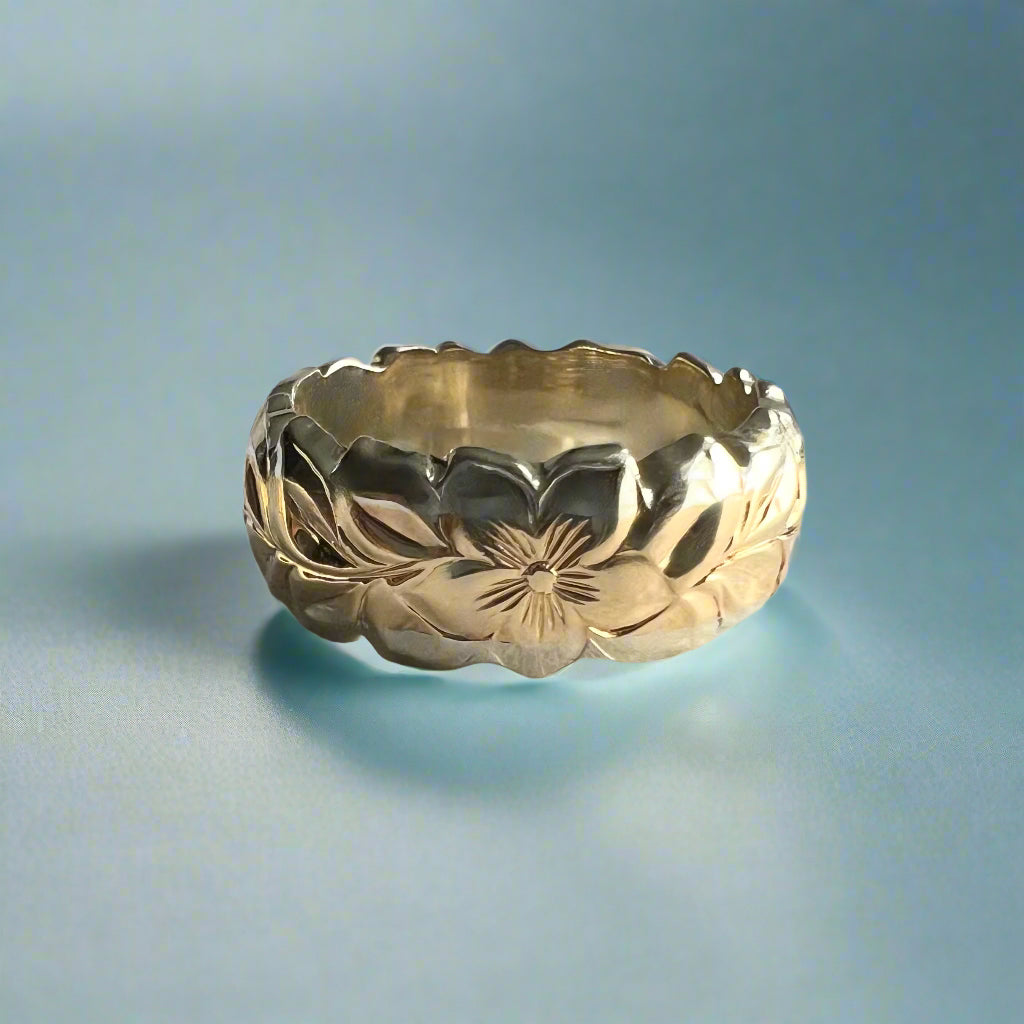 Two-Tone Scalloped Shiny Maile & Hibiscus 8.5 mm Ring in 14K White & Yellow Gold