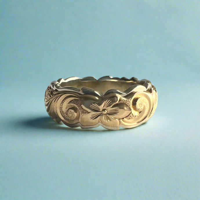 Two-Tone Scalloped Top & Border Old English & Hibiscus 8mm Ring in 14K White & Yellow Gold