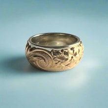 Load image into Gallery viewer, Two-Tone Scalloped Top Hibiscus &amp; Old English 10mm Ring in 14K Yellow &amp; White Gold
