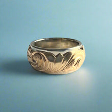 Load image into Gallery viewer, Two-Tone Scalloped Top Hibiscus &amp; Old English 10mm Ring in 14K Yellow &amp; White Gold
