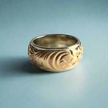 Load image into Gallery viewer, Two-Tone Scalloped Top Hibiscus &amp; Old English 10mm Ring in 14K Yellow &amp; White Gold
