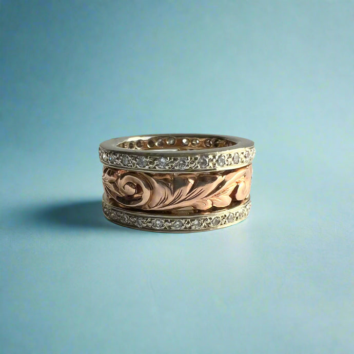 Two-Tone Diamond Border Old English 9mm Ring in 14K Pink & White Gold