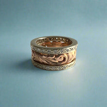 Load image into Gallery viewer, Two-Tone Diamond Border Old English 9mm Ring in 14K Pink &amp; White Gold
