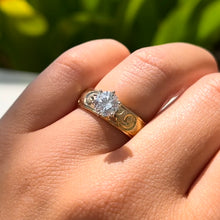 Load image into Gallery viewer, Kaimana Kula Old English &amp; Hibiscus 6mm Solitaire Ring with Cubic Zirconia in 14K Yellow Gold in size 8 1/4
