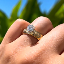 Load image into Gallery viewer, Kaimana Kula Old English &amp; Hibiscus 6mm Solitaire Ring with Cubic Zirconia in 14K Yellow Gold in size 8 1/4

