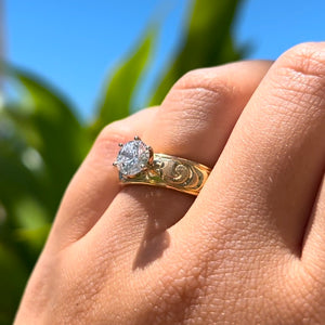 Kaimana Kula Old English & Hibiscus 6mm Solitaire Ring with Cubic Zirconia in 14K Yellow Gold in size 8 1/4