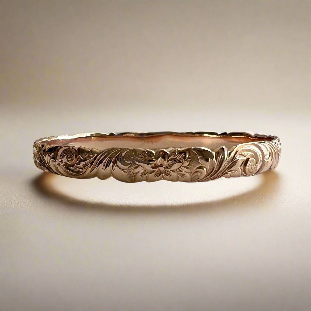 Scalloped Old English & Hibiscus with Leaves 8mm Bangle Bracelet in 14K Pink Gold