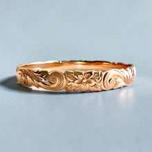Load image into Gallery viewer, Scalloped Old English &amp; Hibiscus with Leaves 8mm Bangle Bracelet in 14K Pink Gold in size 7 1/2
