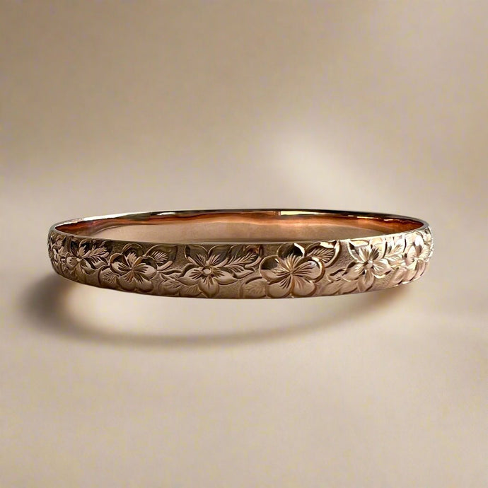 Hibiscus & Plumeria with Leaves 8mm Bangle Bracelet in 14K Pink Gold