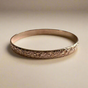 Hibiscus & Plumeria with Leaves 8mm Hawaiian Bangle Bracelet in 14K Pink Gold