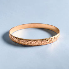 Load image into Gallery viewer, Hibiscus &amp; Plumeria with Leaves 8mm Bangle Bracelet in 14K Pink Gold in size 7 5/8
