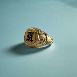 Large Round Old English Signet Ring with Initial "K" in 14K Yellow Gold