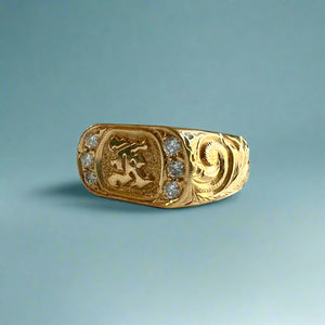 Oval Old English Signet Ring with Raised Initial "K" & Diamonds in 14K Yellow Gold