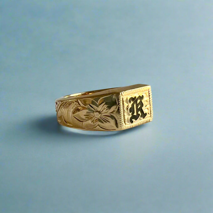 Old English & Hibiscus Signet Ring with  Black Initial 