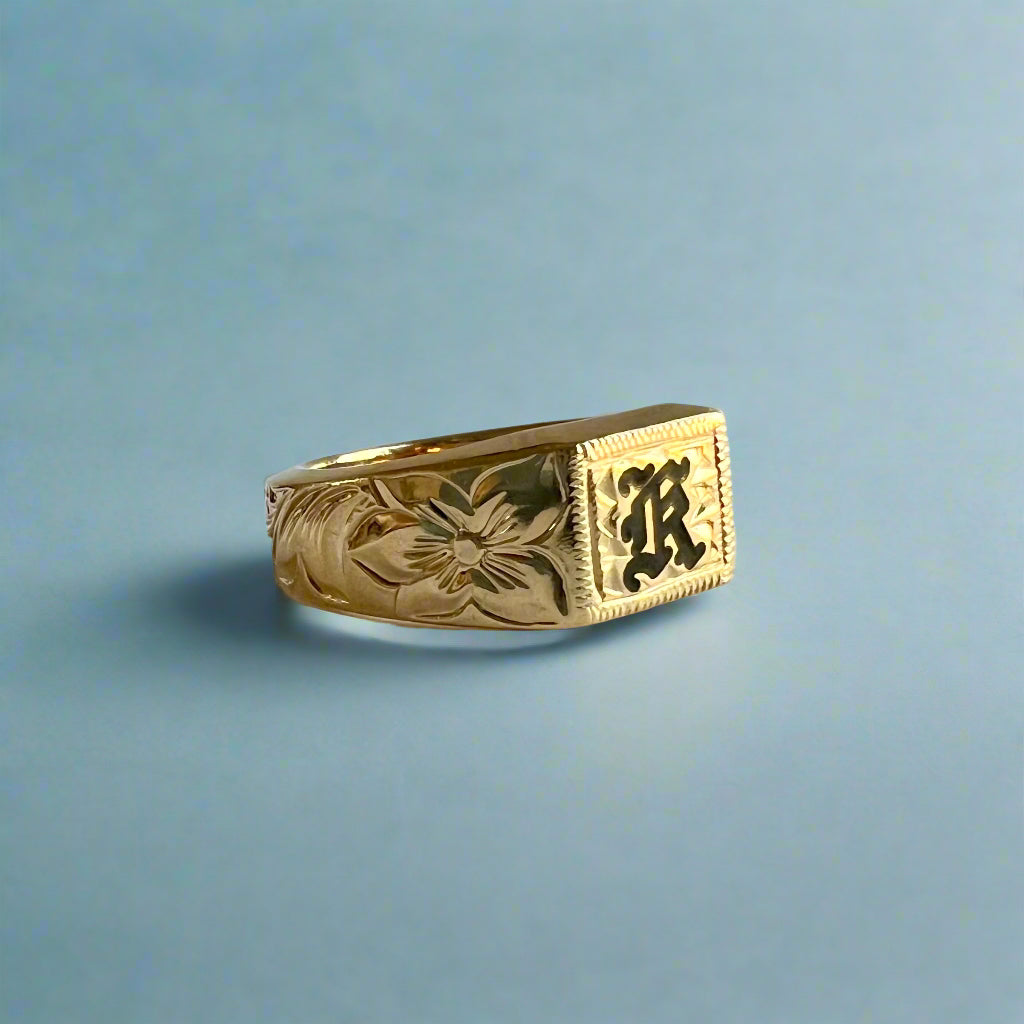 Old English & Hibiscus Signet Ring with  Black Initial 