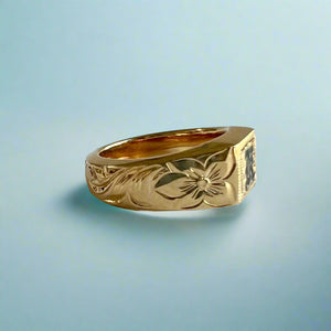 Old English & Hibiscus Signet Ring with  Black Initial "K" in 14K Yellow Gold