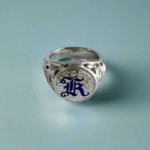 Hawaiian Filigree Signet with Millennium Initial "K" in 14K White Gold