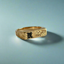 Load image into Gallery viewer, Old English &amp; Hibiscus with leaves Flower Signet Ring with Black Initial &quot;K&quot; in 14K Yellow Gold 
