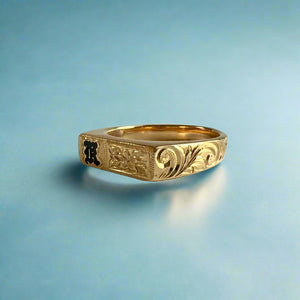 Old English & Hibiscus with leaves Flower Signet Ring with Black Initial "K" in 14K Yellow Gold 