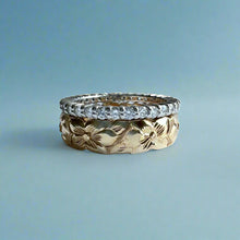Load image into Gallery viewer, Diamond Ring Guard / Eternity Band 2mm in Platinum in size 7 with  Nihoniho 6mm Ring w/ Hibiscus &amp; Diamonds in 14K Yellow Gold in size 8 5/8

