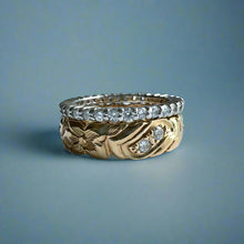 Load image into Gallery viewer, Diamond Ring Guard / Eternity Band 2mm in Platinum in size 7 with  Nihoniho 6mm Ring w/ Hibiscus &amp; Diamonds in 14K Yellow Gold in size 8 5/8

