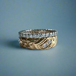Diamond Ring Guard / Eternity Band 2mm in Platinum in size 7 with  Nihoniho 6mm Ring w/ Hibiscus & Diamonds in 14K Yellow Gold in size 8 5/8