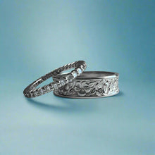 Load image into Gallery viewer, Diamond Ring Guard / Eternity Band 2mm in Platinum in size 7 &amp; Concave Plumeria w/ Leaves 6mm Ring in 14K White Gold in size 9 5/8
