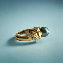 Load image into Gallery viewer, Plumeria with Slanted Bead Set Diamonds Black Pearl Ring in 14K Yellow Gold in size 4 1/2
