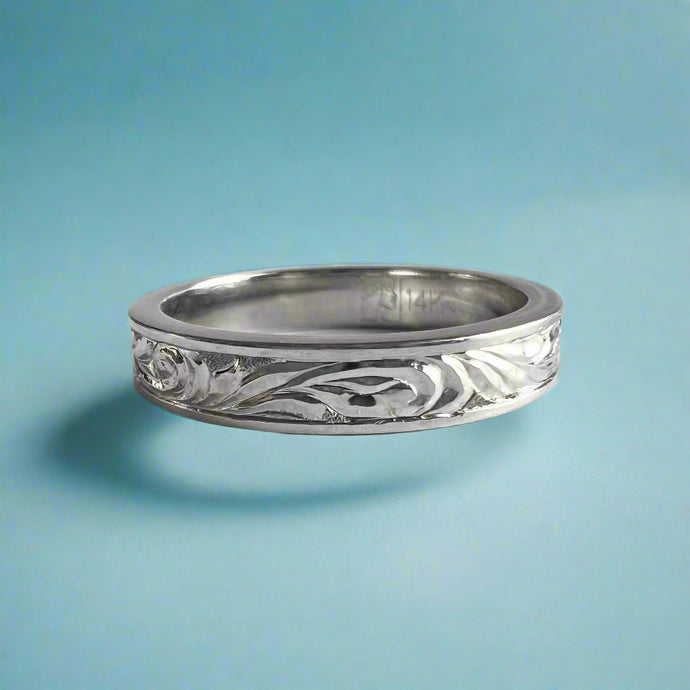 Shiny Old English 4mm Hawaiian Ring in 14K White or Pink Gold