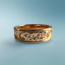 Load image into Gallery viewer, Shiny Old English &amp; Plumeria 6mm Flat Ring in 14K Pink Gold in size 7
