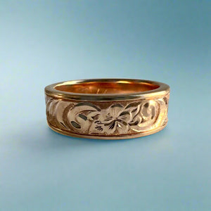 Shiny Old English & Plumeria 6mm Flat Ring in 14K Pink Gold in size 7