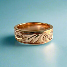 Load image into Gallery viewer, Shiny Old English &amp; Plumeria 6mm Flat Ring in 14K Pink Gold in size 7
