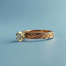 Load image into Gallery viewer, Kaimana Kula Old English &amp; Hibiscus 3mm Solitaire Ring with Diamond in 14K Pink Gold in size 4 3/4
