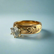 Load image into Gallery viewer, Kaimana Kula Old English &amp; Hibiscus 6mm Solitaire Ring with Cubic Zirconia in 14K Yellow Gold in size 8 1/4
