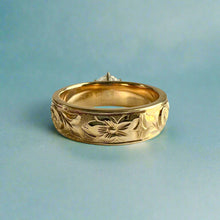 Load image into Gallery viewer, Kaimana Kula Old English &amp; Hibiscus 6mm Solitaire Ring with Cubic Zirconia in 14K Yellow Gold in size 8 1/4

