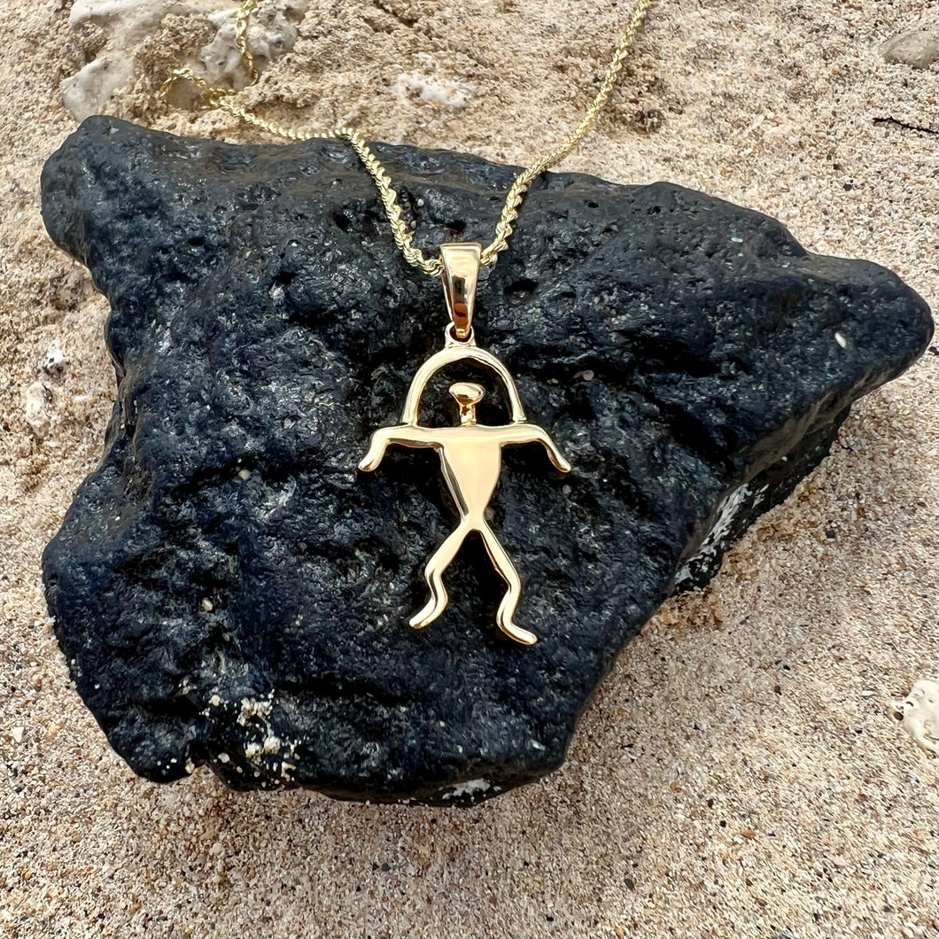 Hawaiian Rainbow Man Petroglyph Pendant in 14K Yellow Gold