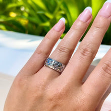 Load image into Gallery viewer, Plumeria with Leaves All Around 8mm Hawaiian Ring in 14K White Gold in size 7 3/4
