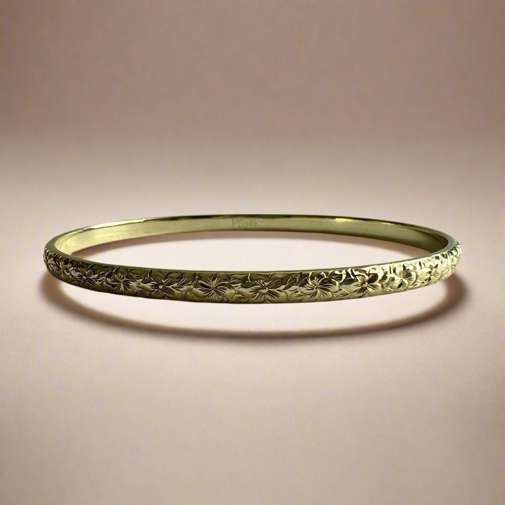 Hibiscus & Plumeria with Leaves 4mm Bangle Bracelet in 14K Green Gold