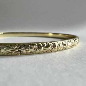 Hibiscus & Plumeria with Leaves 4mm Bangle Bracelet in 14K Green Gold