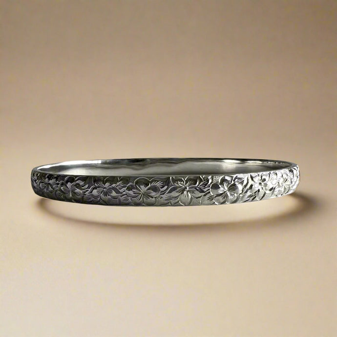 Hibiscus & Plumeria w/ Leaves 6mm Bangle Bracelet in 14K White Gold