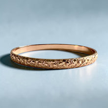 Load image into Gallery viewer, Plumeria with leaves 6mm Bangle Bracelet in 14K Pink Gold in size 7 3/8
