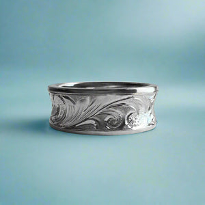 Concave Old English with Hibiscus & Plumeria 8mm Ring in 14K White Gold in size 8