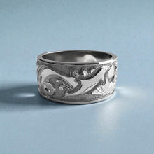 Load image into Gallery viewer, Raised Dolphin &amp; Turtle with Old English 12mm Ring in 14K White Gold in size 13 1/2
