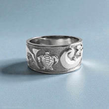 Load image into Gallery viewer, Raised Dolphin &amp; Turtle with Old English 12mm Ring in 14K White Gold in size 13 1/2
