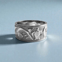 Load image into Gallery viewer, Raised Dolphin &amp; Turtle with Old English 12mm Ring in 14K White Gold in size 13 1/2
