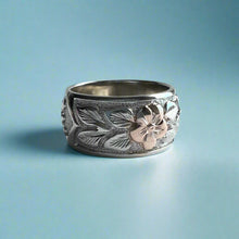 Load image into Gallery viewer, Raised Two-Tone Maile and Plumeria with Leaves 10mm &quot;Kuuipo&quot; Ring in 14K White &amp; Pink Gold
